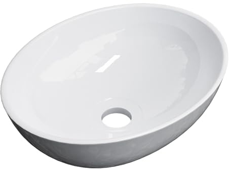 EMKE Vasque à Poser Ovale 41,5 x 33,5 x14 cm, Blanc Brillant | Lavabo en Céramique Sans Trou de Robinet, Grande Vasque Forme Barque pour Mitigeur Haut ou Mural (Sans Robinet ni Bonde)