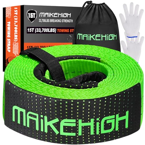 MAIKEHIGH Abschleppseil 6M x 7,6cm 15 Tonnen (33,700 Lbs), Offroad Abschleppgurt mit 2 Handschuhen für Auto, LKW, SUV (Grün)