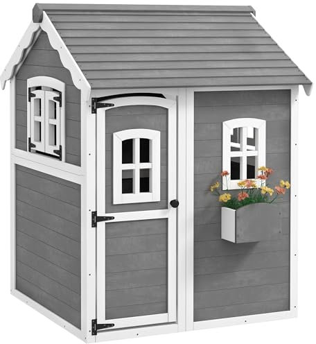 Outsunny Cabaña Infantil Exterior, casa Infantil Exterior, con Puerta, Ventanas, Bandeja para Plantas, Suelo - de Madera Dim. 104,5 x 110 x 137 cm, Color Gris