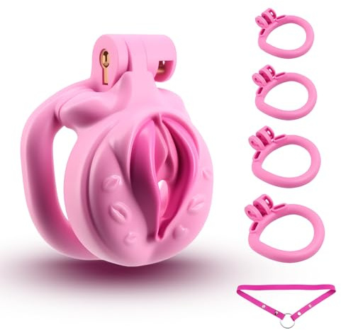 Male Chastity Cage Lightweight Cock Cage ABS+Resin Chastity Device Adult Sex Toys with 4 Different Sizes Rings,Chastity Belt & Invisible Lock for Men Sissy Penis Exercise and Abstinence (Pink）
