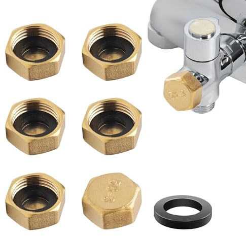 6PCS 1/2 Inch Brass Blanking Cap Hex Brass Blanking Nut Caps | Leak-proof Female Blanking Stop Cap with 6pcs Black Sealing Washer Blanking Cap for Water Pipes Washing Machines and Faucets