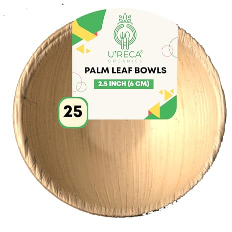 U'reca Organics Eco-Friendly Areca Palm Leaf Small Round Bowls | 2.5 - Pack of 25 | Best for Sample Tastings, Spreads & Condiments | Sustainable, Durable, Leakproof