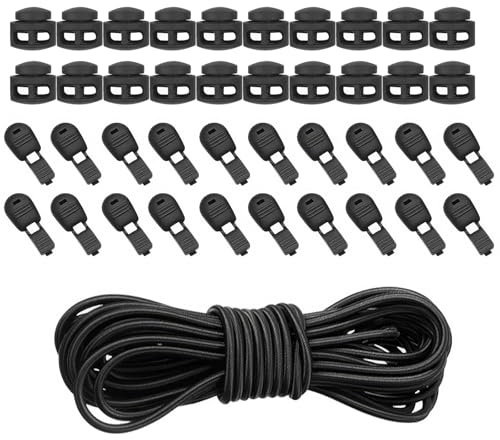 JCUGSBS Cuerda de goma elástica de 10 m, 3 mm, cuerda elástica redonda, con 20 unidades, cierre de cremallera, 20 unidades, doble agujero de resorte para mochila, cordones (negro, 3 mm x 10 m)