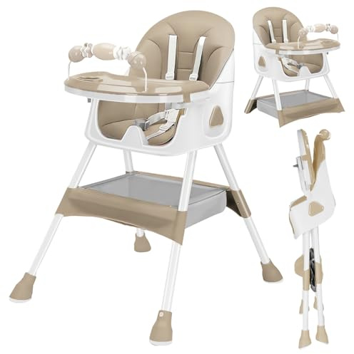 UBRAVOO 3-in-1 Baby HighChair, Foldable Portable Baby Dining Chairs Eat & Play Convertible High Chair with Double-Layer Dinner Plate and Toy Rack (Khaki)