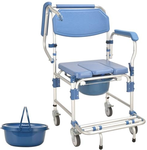 Miuxe Toilettes Percées De Chevet roulettes pour Personnes Âgées Handicapées, Chaise De Transport avec Accoudoirs Pédales Pliables Et Seau Amovible, Chaise De Bain Roulante 3 en 1, Fauteuil Roulant