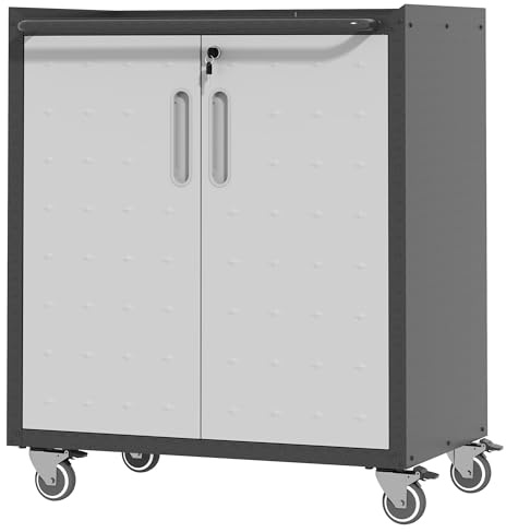 BIZOEIRON Armoire de rangement en métal avec roulettes - Armoire de rangement verrouillable avec portes et étagères - Armoire de rangement à outils à roulettes - Montage nécessaire - Noir et gris