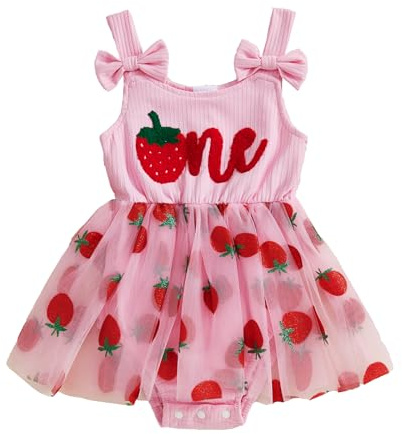 Mahuaoyixi Baby Girl 1st Birthday Outfit: Strawberry Embroidery Romper Dress, Sleeveless Bodysuit for Toddler & Infant Birthday Gift