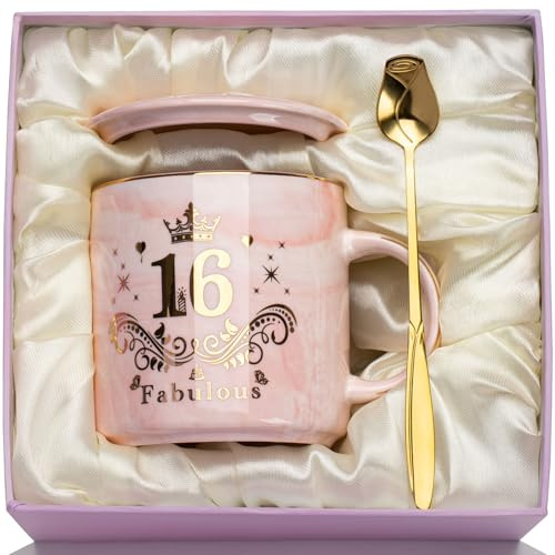 WXYTXHYQ Marmorierte Keramiktasse 400 ml, Rosa 16. Geburtstag Tasse für Mädchen, mit Löffel und Geschenkbox