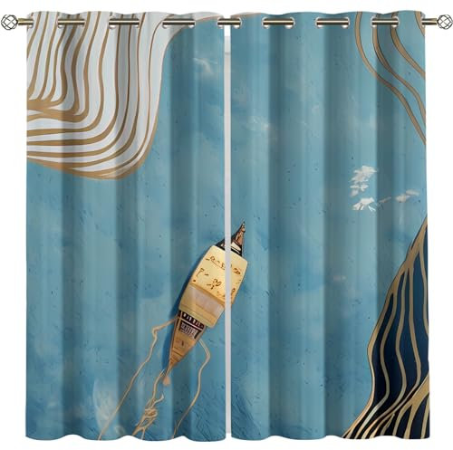 KBDQGX Kinder Gardinen Kinderzimmer Junge Mädchen Blickdicht Blaues Seeschiff 264X214Cm 2Er Set Verdunkelungsvorhang Thermovorhang Hitzeschutz Vorhänge Wohnzimmer Schlafzimmer Vorhänge Mit Ösen