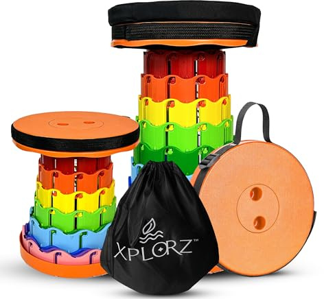 XPLORZ Upgraded Portable Folding Stool with Seat Cushion and Nylon Bag Adjustable Stool with 350lbs Load Capacity Collapsible Camping Stool for Adults Outdoor Travel, Fishing. (1, Orange Rainbow)