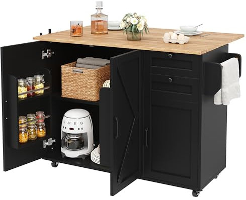 A ALFRESCOOL Kücheninsel, Abnehmbare Trennwände, Küchenschrank, Speisewagen mit Holzmaserung, buffetschrank, Multifunktionale Esstisch mit Speicherraum, Speisewagen mit Snackregalen,Schwarz