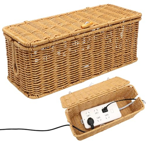 MIUUIPI Handgemachte Kabelbox, Rattan Kabelmanagement Box, unter Schreibtisch Kabel Organizer Box für Tv Drähte Power Strip, kabelsalat verstecken Schreibtisch Steckdosenbox für Haus, Büro