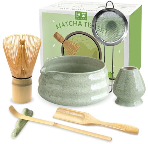 JBER Matcha Kit 7 Piezas - Kit Té Matcha de Ceremonia Japonesa con Tazón con Pico, Batidor de Bambú Chasen y Accesorios Completos, el Juego de Matcha Perfecto para Amantes del Té Matcha, Verde Matcha