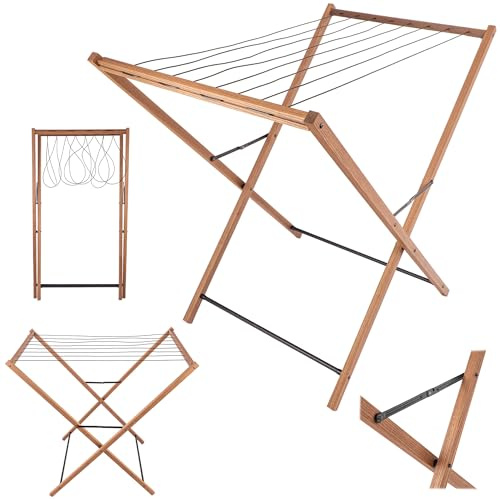 KADAX Wäscheständer aus Holz, 7m² Trockenfläche, 96 x 89 cm, Stabiler Standtrockner zum platzsparenden Trocknen von Kleidung, Handtüchern & Bettwäsche, klappbarer Wäschetrockner