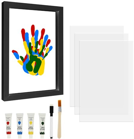 Set di impronte a mano per famiglia fai da te, 4 membri della famiglia con cornice, piastra di colore, pennello per baby shower, regali camera decorazioni (nero)