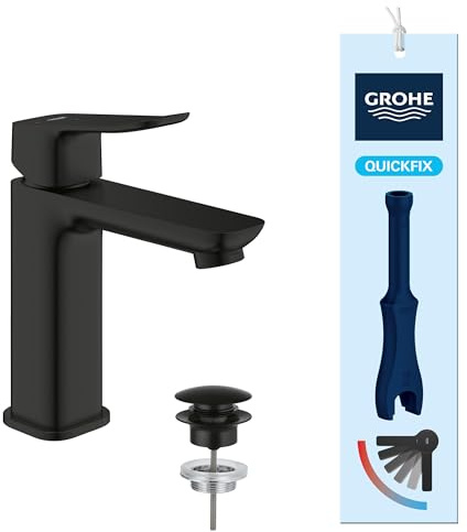 GROHE Dice, energiesparende Waschtischarmatur, Kaltwasser in Mittelstellung (Wasserhahn für das Bad, 17cm hoch, Push-Open Ablauf, inkl. 3in1 Werkzeug, einfache Installation), mattschwarz, 1018362430