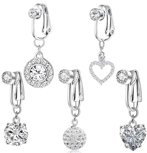 LEBKFT 5Pcs Fake Belly Button Piercing, Clip-On Belly Ring for Women Silver Heart-Shaped Fake Piercing Jewelry Circular Design
