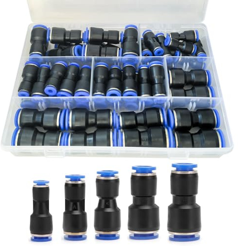50 Stück 6-4, 8-4, 8-6, 10-8,12-10mm Pneumatisches Schnellsteckverbinder Set Reduzierstücke – Luftschlauchverbinder für PU/Nylon/PE-Rohre