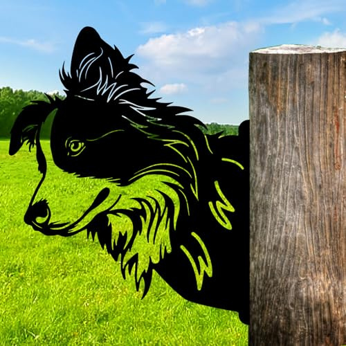 CREATCABIN Statues de Jardin Décoratives en Métal Représentant Un Chien Noir Décoration de Clôture pour L'Extérieur 30x26.7cm