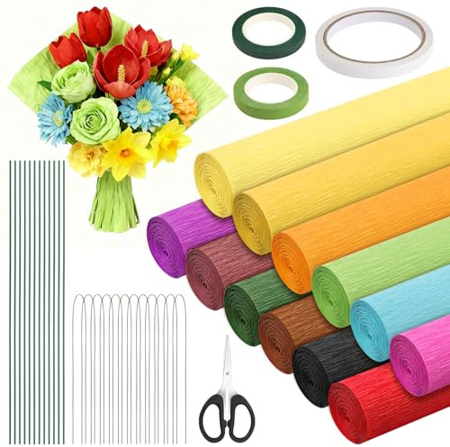 12 colores de papel crepé de colores, 25 x 250 cm, cintas de papel crepé, floristería con cinta de floristería y alambre floral, papel crepé pastel para la fabricación de flores de San Valentín