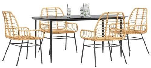 QJBSAVVA 5-TLG Garten-Set 160×80 cm braun-schwarz, 4 Rattan-Sessel, Glastisch, wetterfest