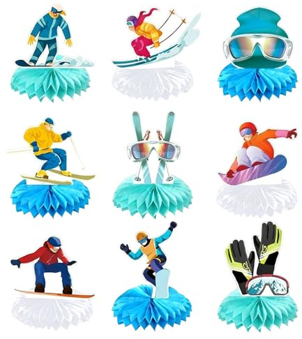 yakermur Decoraciones Centrales Esquí De Panal - 9 Artículos Decorativos Sobre El Tema De Los Deportes De Invierno | Piezas Centrales De Esquí De Invierno Para Tablas,Para El Hogar La Mesa La Oficina