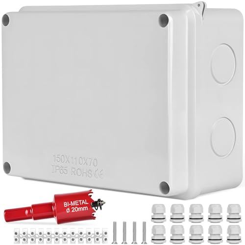 IP65 Waterproof Electrical Junction Box with M20 Cable Gland & Terminal Strip, 150x110x70mm White Weatherproof ABS Surface Mount Wiring Enclosure Box, Durable Electric Distribution Box for Outdoor Use