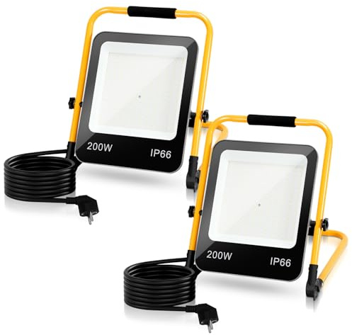 ISOISL LED Baustrahler 2 Stück, 200W 16000LM LED Strahler, 220V LED Arbeitsleuchte mit Stecker, IP66 Wasserdicht Baustrahler mit 3M Kabel, Tragbar für Werkstatt oder Baustelle,Garage, 6000K