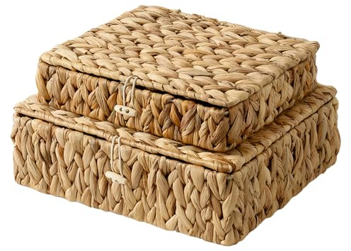 StorageWorks Wicker Storage Baskets with Lids, Flat Water Hyacinth Storage Boxes with Lids, Handmade Storage Boxes with Lids, Water Hyacinth Basket for Organising, Woven Baskets for Shelves, Bedroom