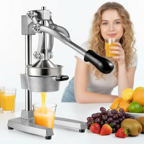 Dibaful Exprimidor manual manual de zumo de naranjas, exprimidor de frutas de hierro, exprimidor de cítricos, exprimidor de limones, zumos para naranjas, limones, granadas, plata