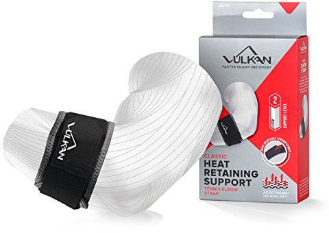 VULKAN Klassisk neopren tennisarmbågsrem, en storlek armbågsstöd för tendinit, golfarmbåge, tennisarmbåge och RSI, justerbar spänningsrem, riktad kompressionsdyna, perfekt för sport och träning
