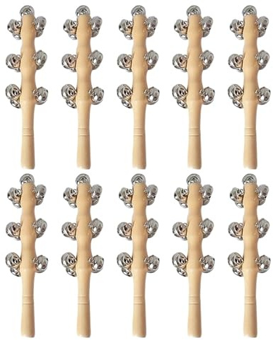TOYANDONA 10 Pack Jingle Bells Instrument, Wooden Baby Hand Bell Christmas Jingle Stick Shaker Rattle Handhold Musical Instrument Toy School Desk Ring Bell for Education Party Christmas