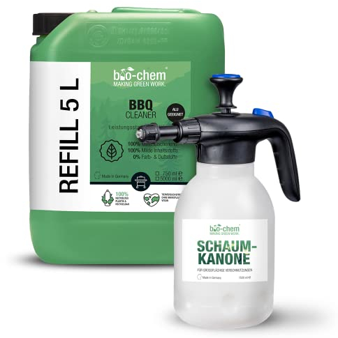 bio-chem Fettlöser Grillreiniger 5 Liter Kanister inkl. Schaumsprüher - Effektive Reinigung in Profi-Qualität I Grillrost Pflegespray, materialschonend für Jede Oberfläche, besonders Aluminium