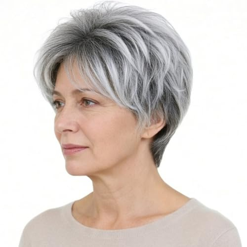 Becus - Peluca con corte pixie gris plateada, pelo corto liso con raíz oscura y flequillo, peluca de pelo sintético corto para mujer (color gris plateado con reflejos)