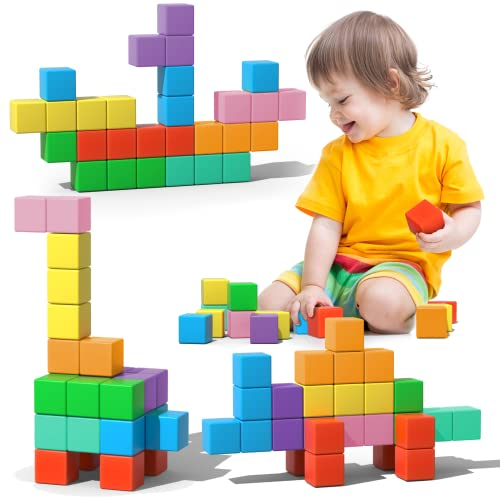 Asago Magnetic Blocks Large, 56PCS 1.34in Magnetic Building Blocks, 3D Magnetic Cubes for Toddlers, Preschool Educational Construction Kit, Sensory Montessori Toys Kids Blocks for Boys Girls Toddlers