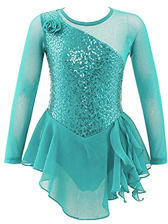iEFiEL Kinder Mädchen Eiskunstlauf Kleid Langarm Swing Schaukel Tanzkleid Pailletten Ballettkleid Body Glitzer Trikot Turnanzug Gr. 104-176 A Minzgrün 128