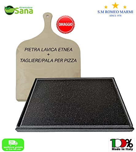 Piastra in pietra lavica Etnea + Tagliere/pala omaggio-ollare, refrattaria per barbecue a gas, forno elettrico per pizza, pane, bistecchiera carne grigliata (40 x 35 cm3)