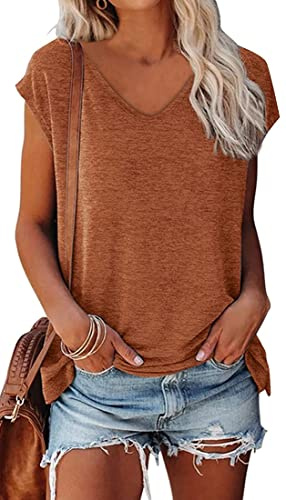OLIPHEE Camiseta Basica Mujer Verano Mangas Cortas Camiseta Elegante Blusas Casual Toppar T-Shirt Basica Marrón L