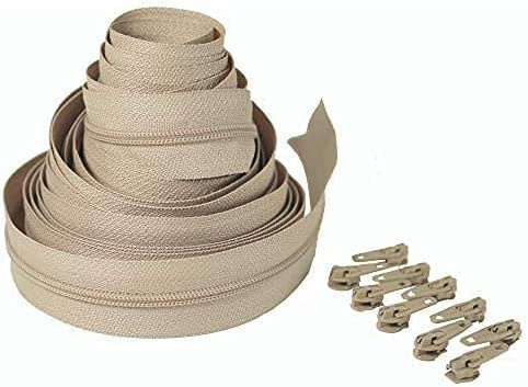 Fermeture éclair continue noire et beige avec patins en nylon pour tissus d'ameublement, ruban de fermeture éclair robuste sur rouleau numéro 5 (beige, 10 m avec 20 curseurs)