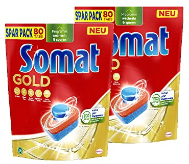 Somat Gold Spülmaschinen Tabs (2x80 Tabs), Geschirrspül Tabs für strahlend sauberes Geschirr auch bei niedrigen Temperaturen, Extra-Kraft gegen Eingebranntes