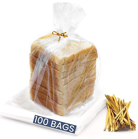 Reusable Plastic Bread Bags for Homemade Bread - 100 Pack Clear Bag with Ties For An Airtight Moisture-free Preservation and Storage - Loaf Home Bakers Bakery Owners