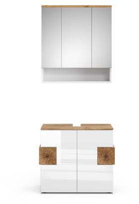 Vicco Set di mobili da bagno Eden, Bianco lucido, 73 cm, composto da specchio da bagno e mobile sottolavabo