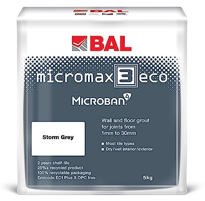 Bal Micromax3 Eco Grout Wall & Floor Grout, Rapid Set, Antimicrobial, Suitable For Interior & Exterior 5KG Bag - Storm Grey