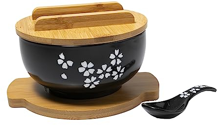 lachineuse – Cuenco asiático grande de porcelana – sopa y fideos – Tinte negro ⌀ 16 cm – Estilo japonés Sakura – Capacidad 1000 ml – Cuchara, palillos y soporte – Decoración de regalo de vajilla