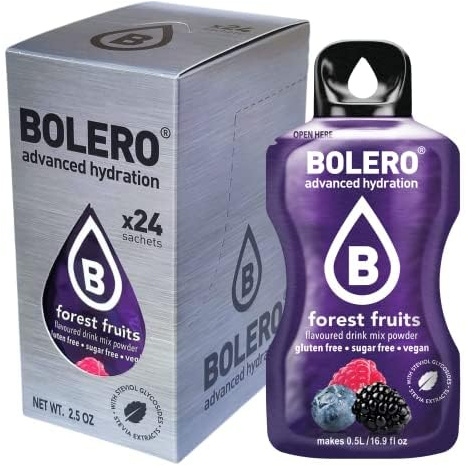 Bolero FOREST FRUITS 24x3g | Jus en poudre sans sucre, édulcoré à la stévia + vitamine C | pour enfants et sportifs | sans gluten, végétalien | le goût des fruits des bois