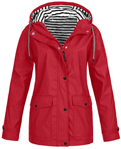 Cocila Womens Long Waterproof Jacket Hooded Women Rain Raincoat Solid Hooded Jacket Windproof Outdoor Coat Plus Women's Coat Womens Fleece Zip up Jacket (Red, XXXL)