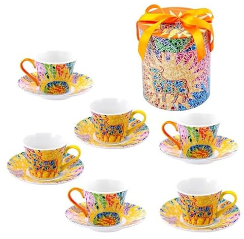 DRW Set café 6 Tazas con Plato Estilo Gaudi Taza 8x6x5 cm