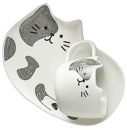 Zerodeko Set Di Tazze E Piattini in Ceramica Con Adorabile Gatto Grigio 200 Ml Per Caffè Tè E Succo