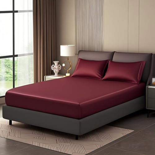 Luowei Drap Housse en Satin 140x200cm Vin Rouge Microfibre Drap de lit Soie Drap-Housse Doux Brillante Drap-Housse de Uni Qualité Supérieure pour Matelas Épais Jusqu'à 25-30cm
