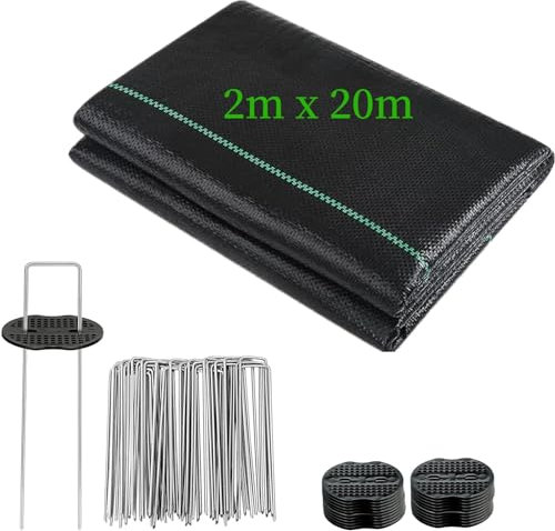 Headley Tools Weed Membrane 2m x 20m, Weed Control Membrane Heavy Duty, Garden Membrane, Weed Barrier Fabric with 20pcs Weed Membrane Pegs Accessories for Patio, Garden, Flower Bed, Path, Landscaping